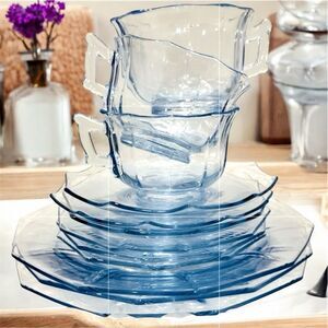 Cambridge Vintage Glass DECAGON Moonlight Blue  Cups, Saucers & Plates Set 12